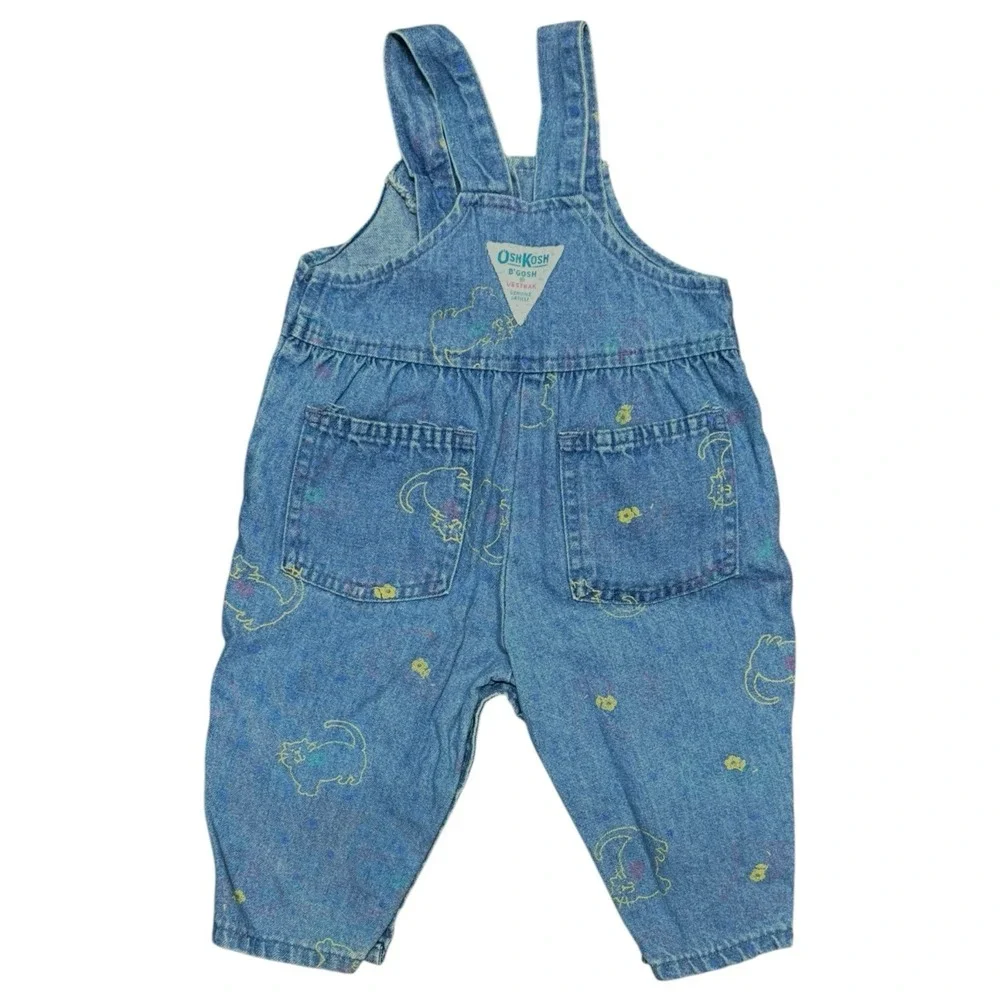 Vtg Oshkosh B'gosh Vestbak USA Blue Denim Cat‎ Flowers Overalls 3/6 Months Baby